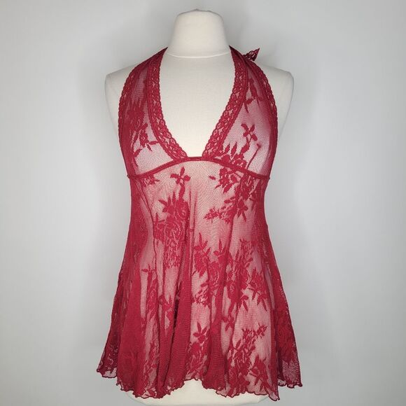 FREDERICKS OF HOLLYWOOD Maroon Lace Babydoll Size M/L Halter Neck Floral Unlined - Picture 1 of 6